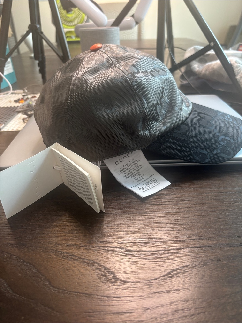 Gucci Dark Gray GG Monogram Baseball Cap with Orange Top Button